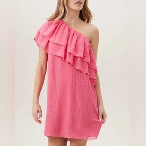 Trina Turk Vibrant Pink Embroidered One Shoulder Dress